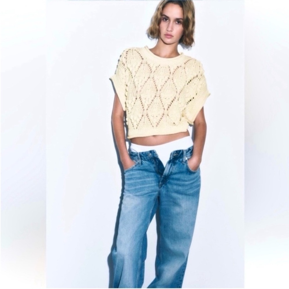Zara Cream Open-Knit Cropped Sweater Top